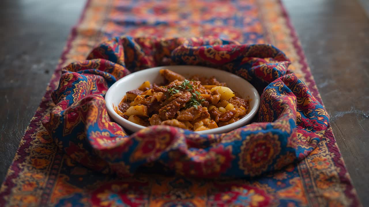 Kamera, yemek masasına doğru yaklaşıp uzaklaşmaya başlıyor; paisley desenli masa örtüsünü, beyaz bir kaseyi ve süslenmiş güveci gösteriyor.