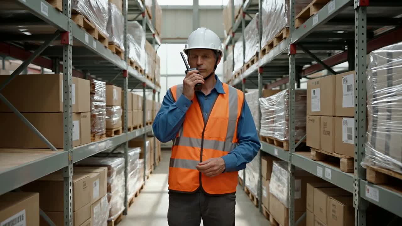 Magazziniere che comunica via walkie-talkie nel corridoio del magazzino