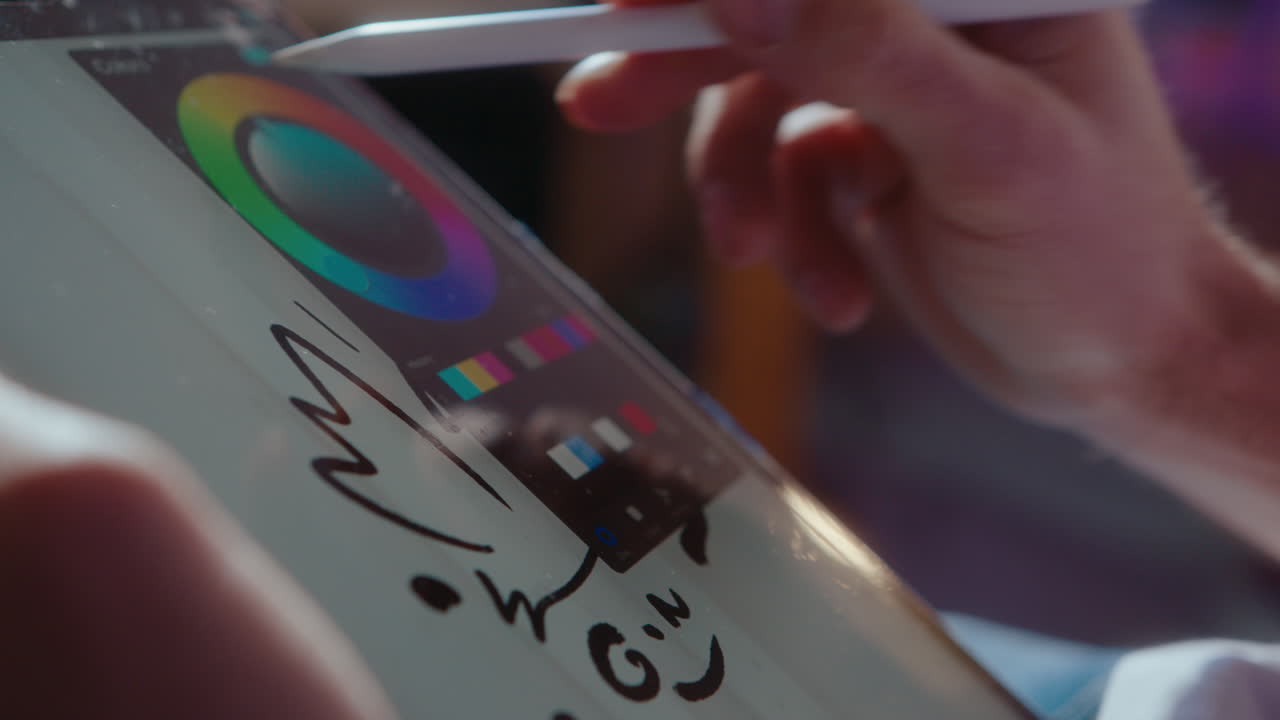 Hands of Illustrator Drawing Cartoon Style Bird on Digital Tablet