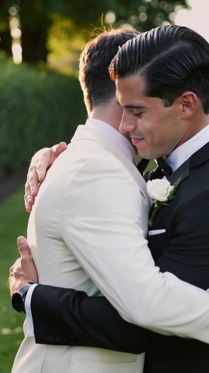 Video vertical: Frentes tocándose, dos hombres con esmoquin abrazándose, sosteniéndose y celebrando.