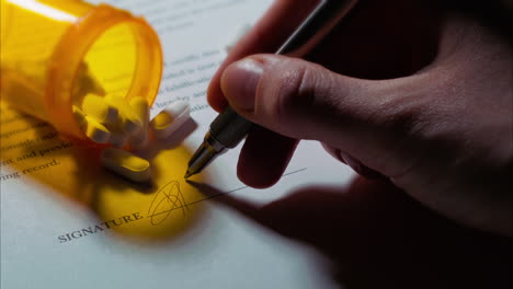 -Close-up-shot-of-a-female-caucasian-hand-signing-a-document,-with-a-spilled-pill-bottle