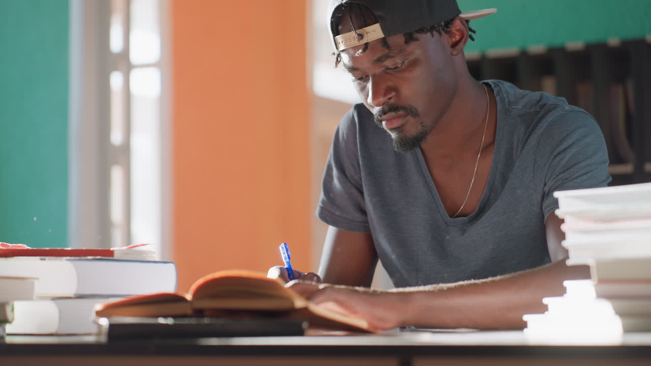 High school student sits at desk in library, writing in notebook with pen, surrounded by stacked books, fully immersed in intense study as sunlight highlights workspace