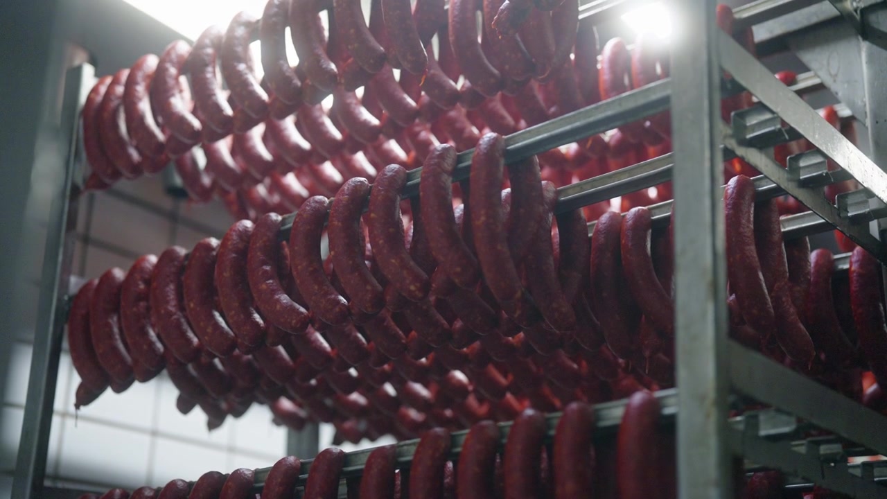 Smoked sausages hanging on racks in industrial meat processing facility