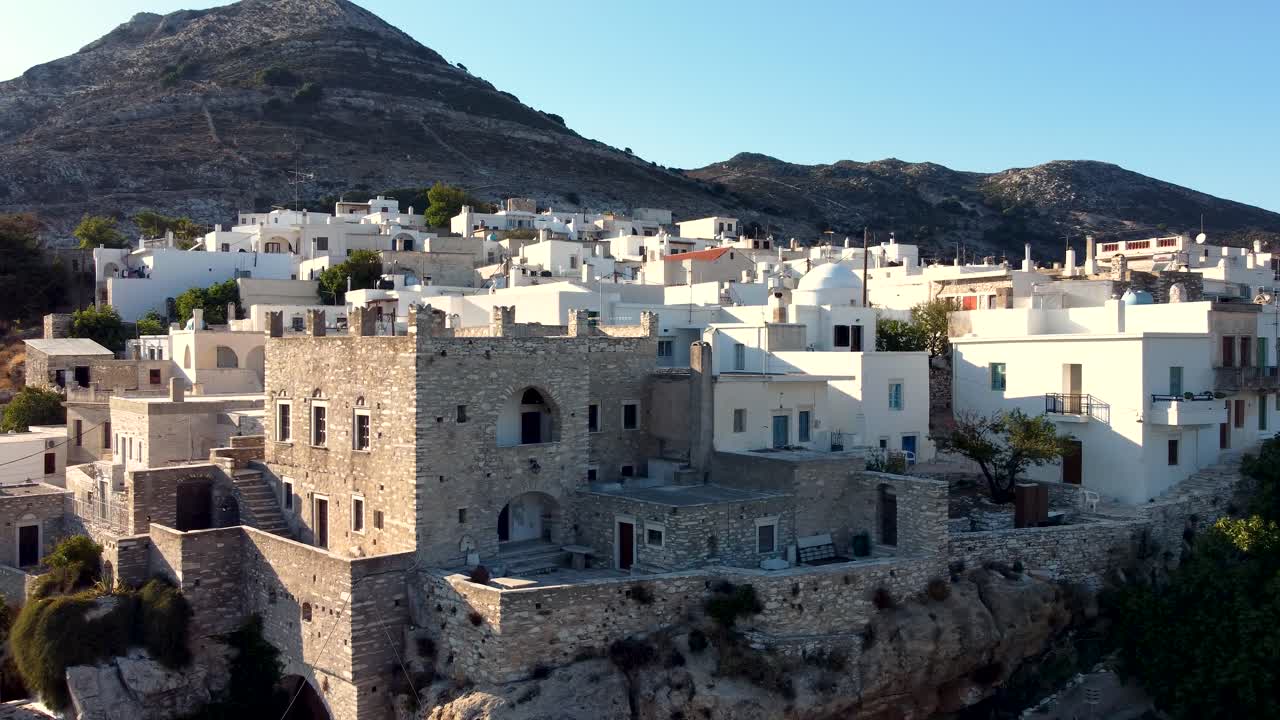 Aerial of Tower of Zeugolis in Picturesque Apeiranthos Village, Naxos, Greece