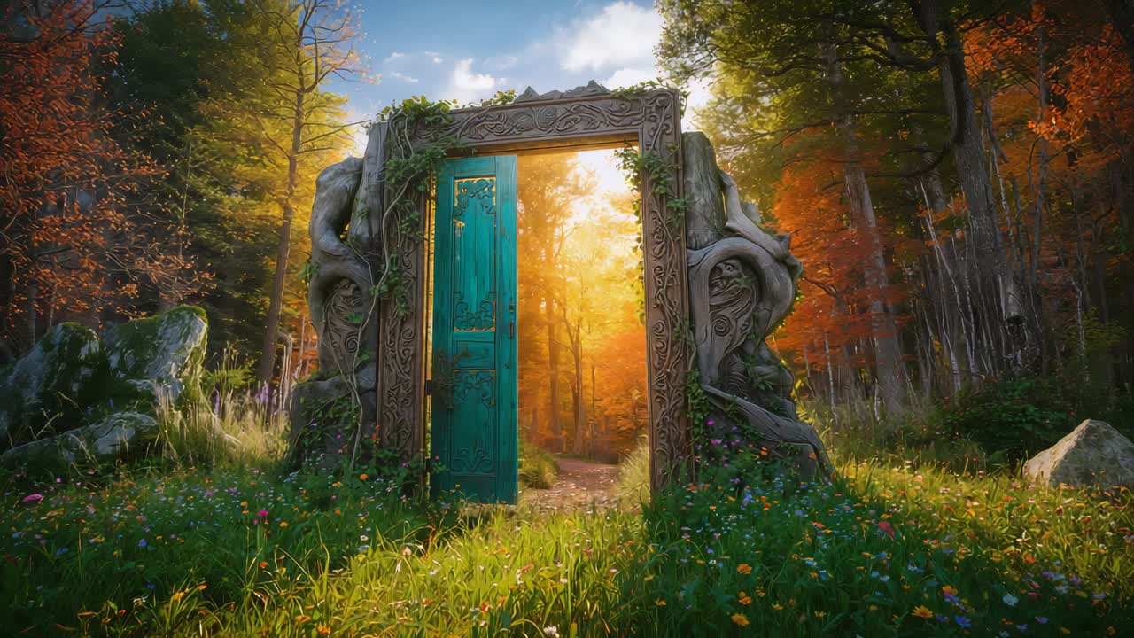 Materializing glowing orb expanding into swirling leaves wave at autumn forest glade, ornate portal