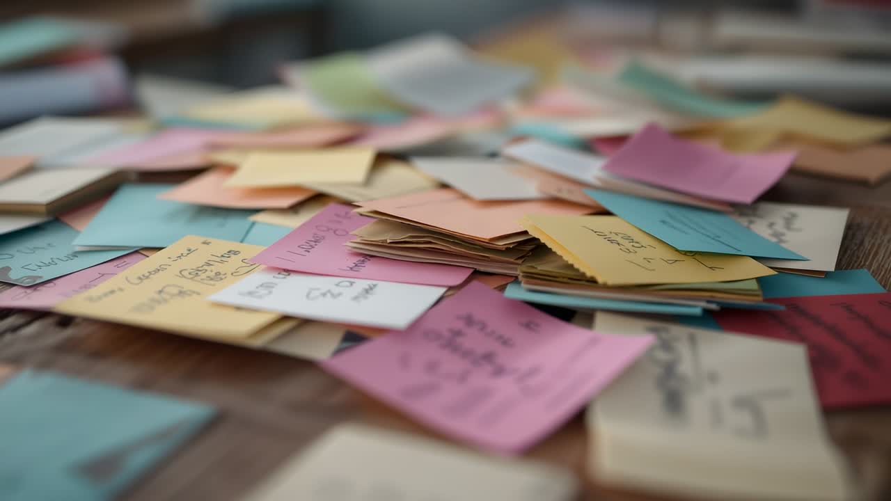 Shifting camera focus across multicolored sticky notes on office desk highlighting various clusters