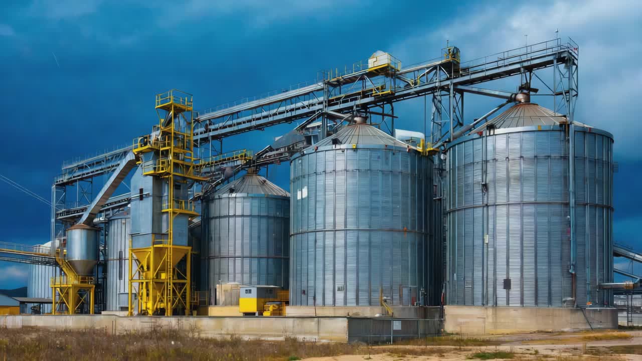 Grain Silos Under a Dramatic Sky