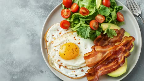 keto breakfast featuring fried egg nestled with crispy bacon, creamy avocado, fresh lettuce, ripe tomatoes, and sprinkled parsley on minimalist grey plate