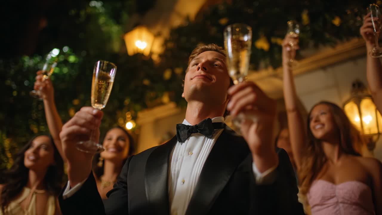 A Festive Celebration Featuring Elegantly Dressed Guests Raising Glasses in Toast with Sparkling Beverages, Creating a Joyful Atmosphere Filled with Laughter, Cheers, and Memorable Moments at a Night Event