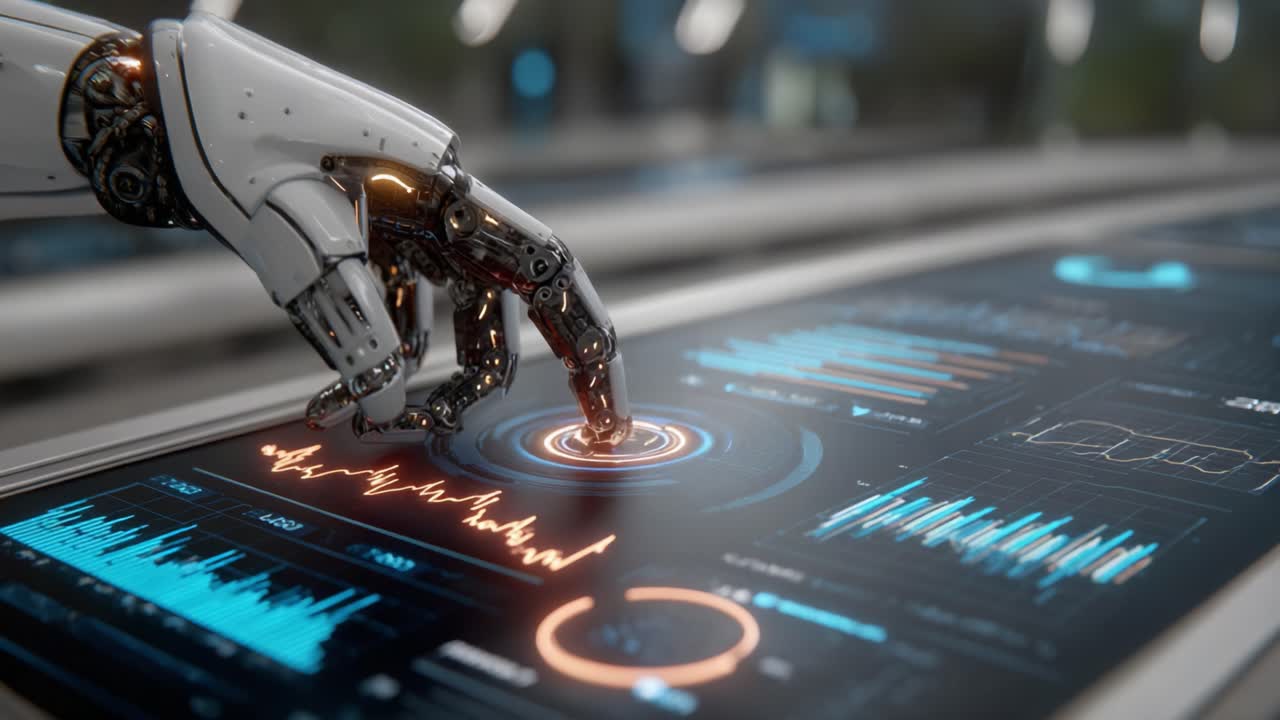 A Robotic Hand Interacting with Advanced Data Displays, Showcasing the Future of Technology and Human-Machine Collaboration in Data Analytics