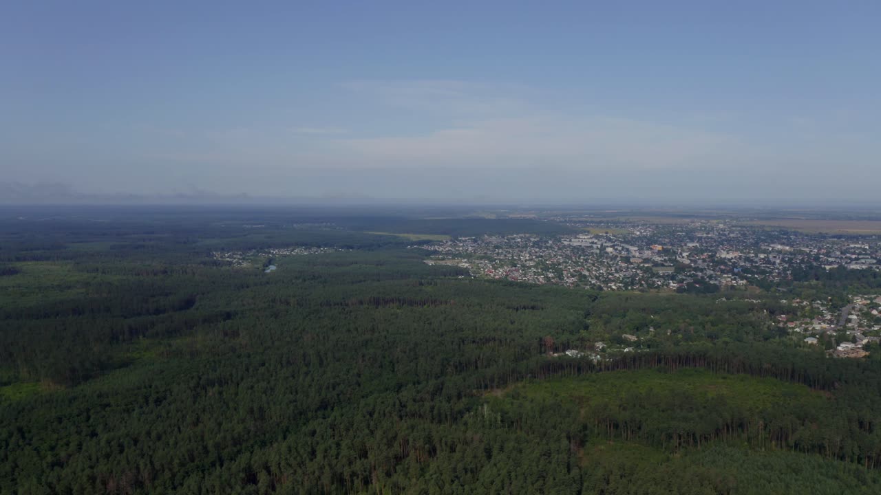 el campo de ucrania con un lago y una enorme plantación de árboles y la ciudad habitada - toma aérea