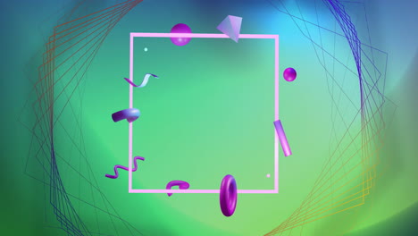 animación de formas azules y púrpuras 3d sobre marco rosa y estructura de red sobre fondo verde