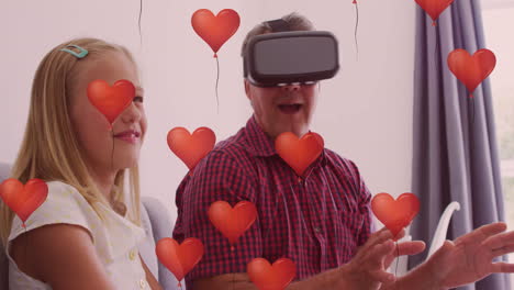 wearing vr headset, man interacting with virtual world over heart balloons animation