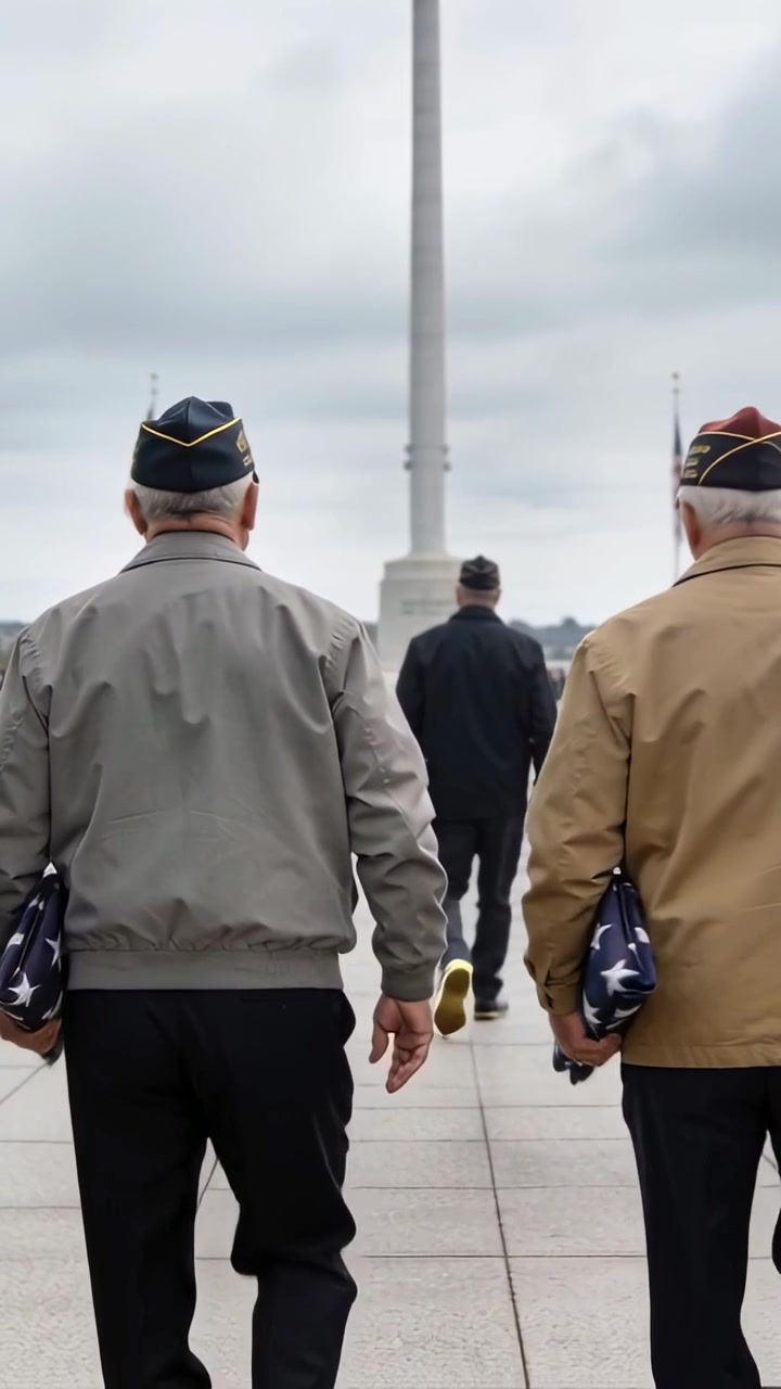 Video verticale: veterano che saluta a sinistra, trio che cammina verso il pennone della piazza per la commemorazione, bandiere ripiegate, berretti