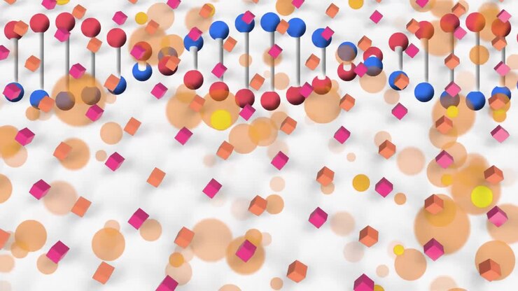 Animation of dna strand over colorful geometrical shapes over white background