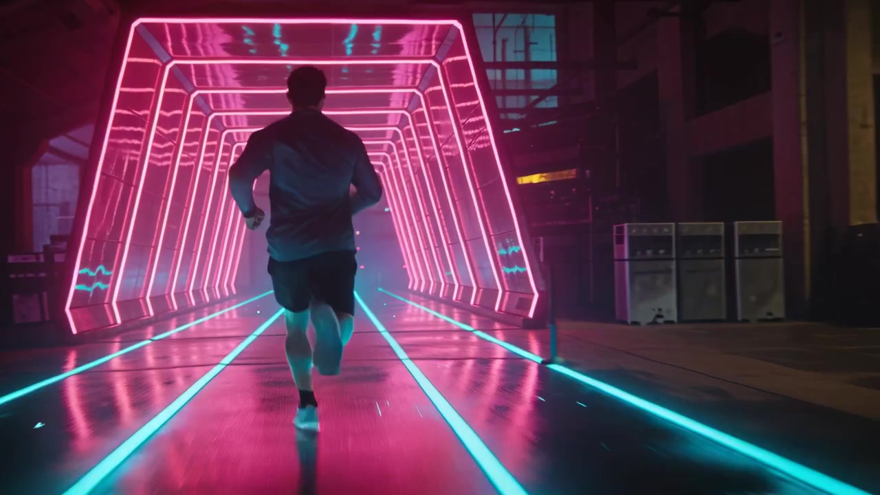 Běžící dospělý muž v atletických šortkách sprintuje do neonového šestihranného obloukového tunelu, směřuje k vzdálenému světlu.