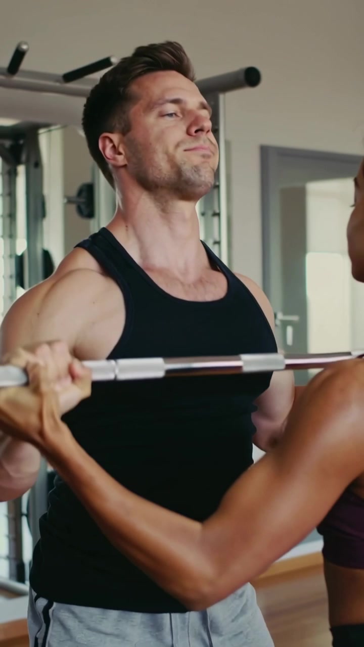 Vertical video: Trainer adjusting grip, man in black tank pressing barbell up at gym for support