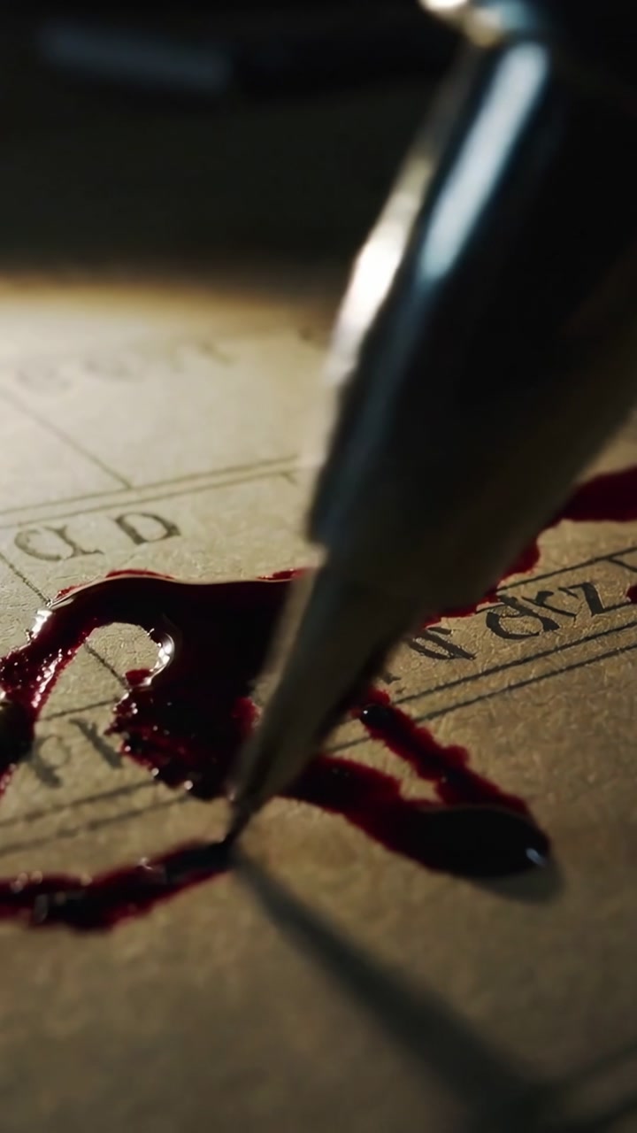 Vertical video: Entering metal pen nib dragging red liquid across form on desk, leaving red streaks