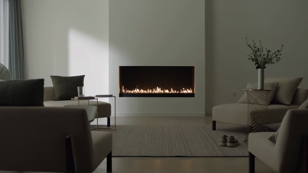 Moderní minimalistický obývací pokoj s krbem, jemné sluneční světlo vrhající stíny přes neutrální pohovku a koberec.