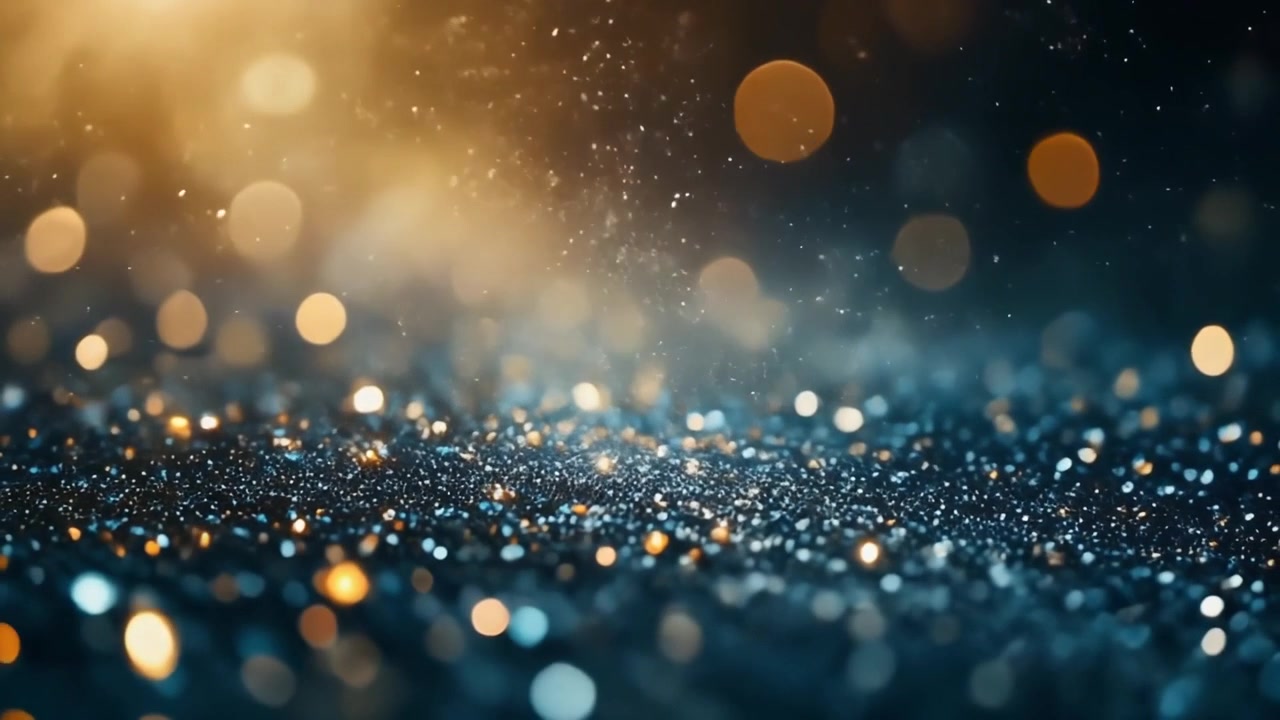Sfondo astratto con particelle fluttuanti di glitter dorati e blu