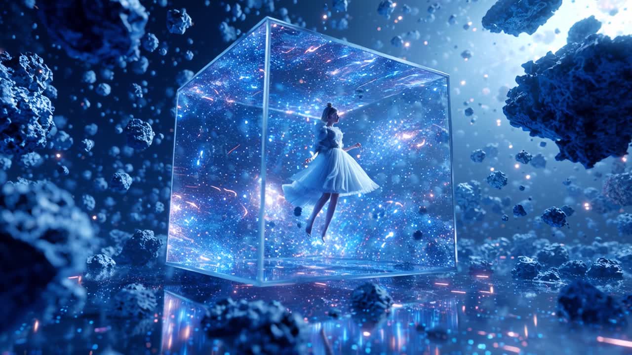 Woman in a Cube of Stars in Space