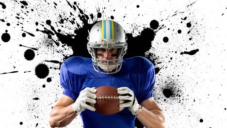 animation of american football player holding ball on abstract black and white painted background