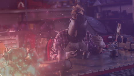 woman welder welding metal in manufacturing workshop, with floating sparks and data chart overlay