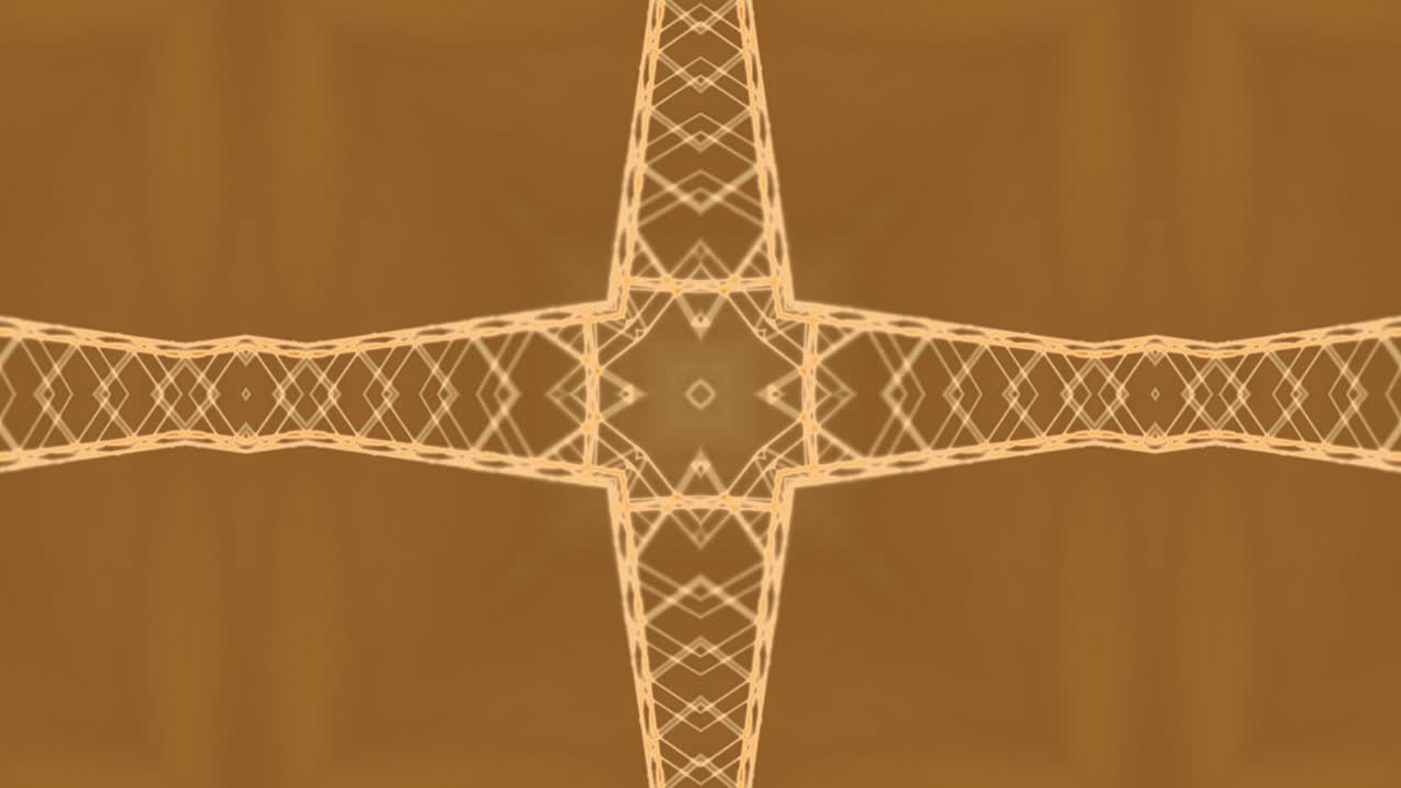 Stylized golden kaleidoscope animation of abstract tower patterns forming geometric shapes in a seamless loop
