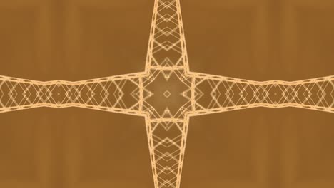 stylized golden kaleidoscope animation of abstract tower patterns forming geometric shapes in a seamless loop