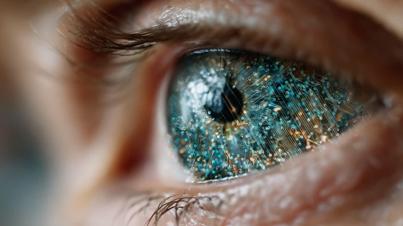 A Close-Up View of a Human Eye Integrating Digital Elements Representing Advanced Technology and Artificial Intelligence Innovation