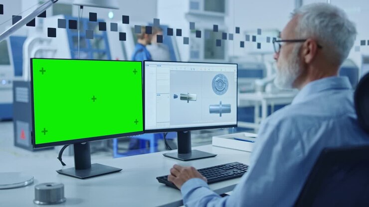 Senioringeniør inden for tung industri arbejder på personlig computer, den ene er en grøn mock-up skærm, den anden viser CAD-software med en 3D-komponent. Industrifabrik med højteknologisk CNC-maskineri