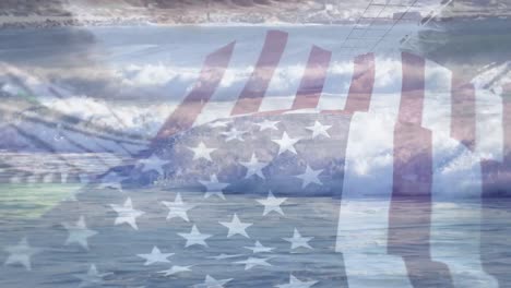 animation of flag of united states of america blowing over waves in sea