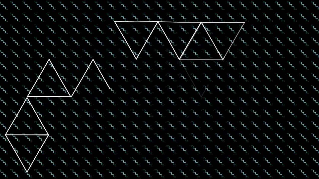 Animation of white line triangles moving on grid of wavy lines, on black background