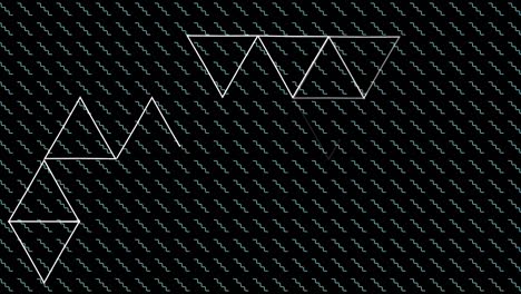 animation of white line triangles moving on grid of wavy lines, on black background