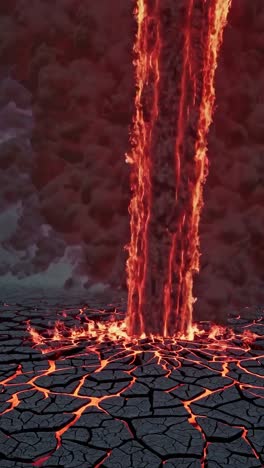 la lava derretida que estalla de las grietas del suelo genera un vórtice de fuego giratorio contra un amenazante cielo oscuro y humeante, que representa un paisaje apocalíptico de devastación y destrucción.