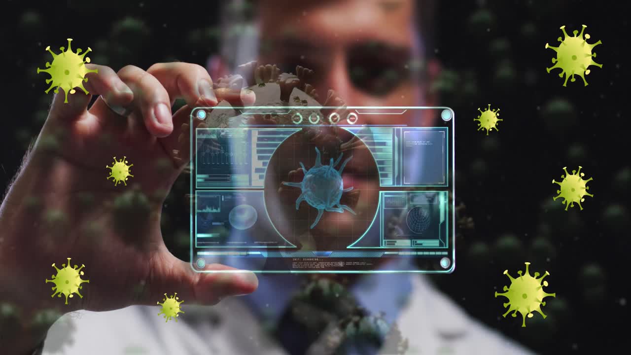 animación de células amarillas del virus sobre médico caucásico con tarjeta digital con datos del virus