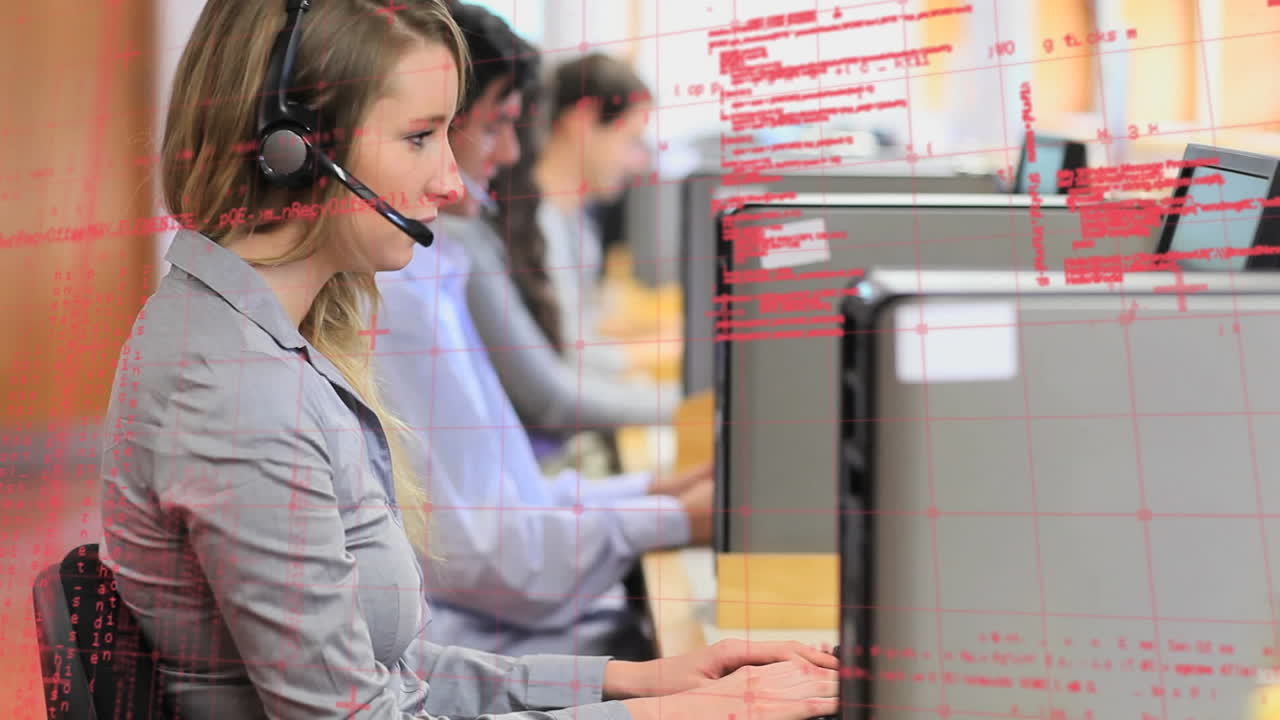 휴대폰 헤드 ⁇ 을 착용한 사람들 위에서 금융 데이터 처리의 애니메이션