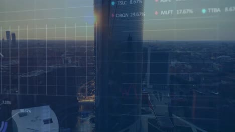 animation of multiple graphs and trading boards over aerial view of modern cityscape against sky