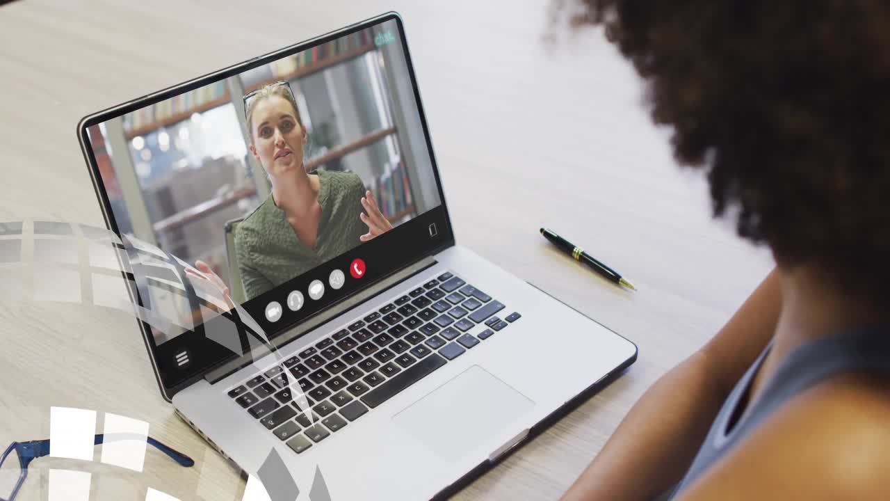 Laptop showing speaker starting mosaic over keys and call icons for training while viewer watching