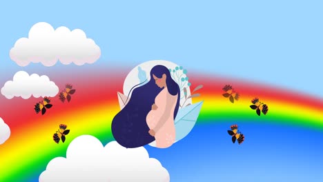 Animation-Von-Schmetterlingen,-Die-über-Schwangere-Frau,-Regenbogen-Und-Himmel-Fliegen