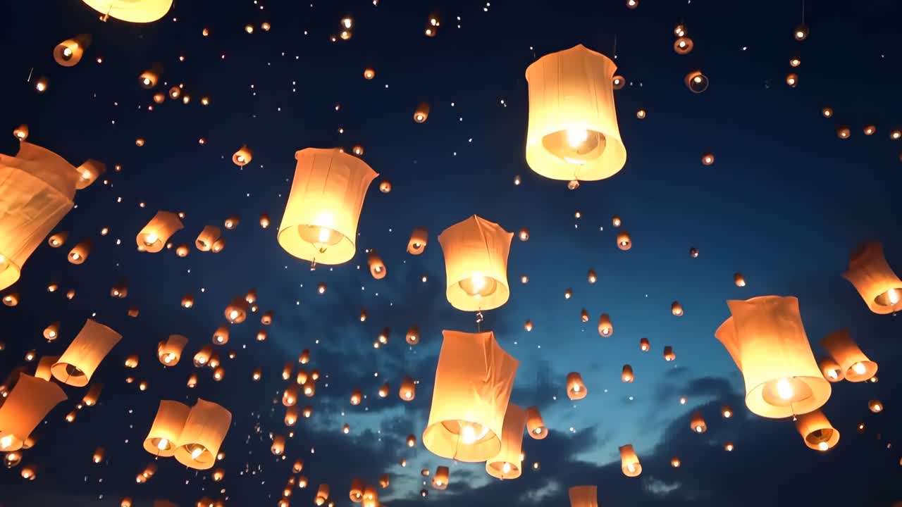 Un vídeo fascinante de linternas flotantes que iluminan el cielo nocturno, capturado desde un ángulo bajo