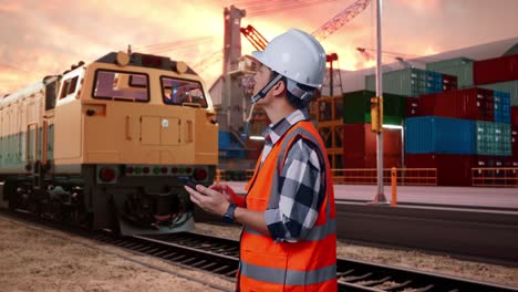 side view of asian male engineer with safety helmet using smartphone and looking around while standing with freight cargo train at port