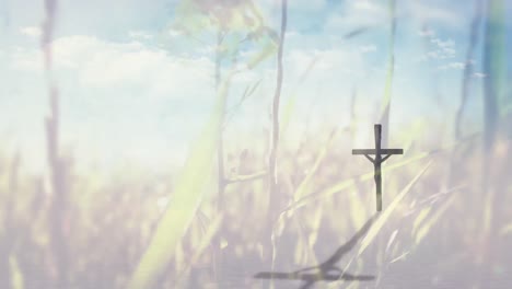 animation of a christian cross over a spring meadow