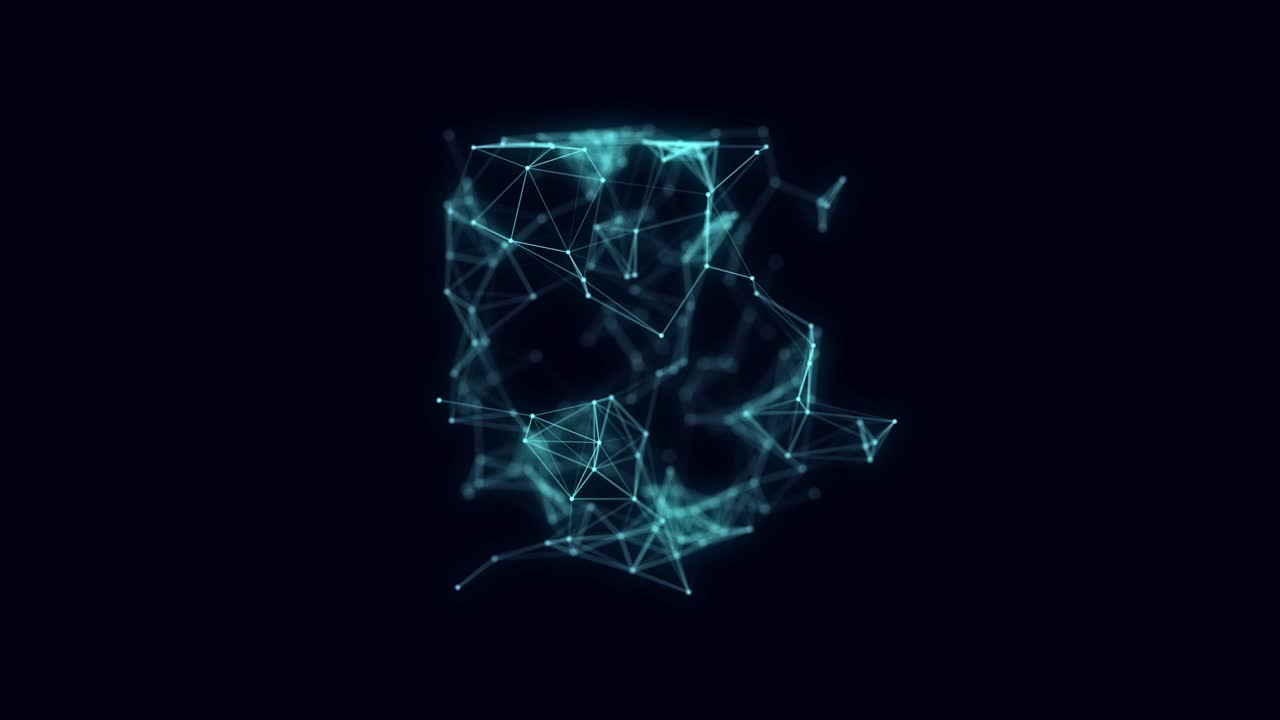 tecnología conexión de red de cadena de bloques. visualización de grandes datos. fondo de seguridad cibernética. bola azul, compuesta de partículas de desintegración de bloques, se transforma en un cubo. renderización 3d.