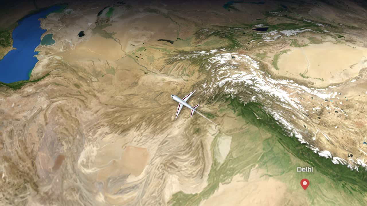 Satellite view animation follows an airplane icon traveling across continents from India to Germany