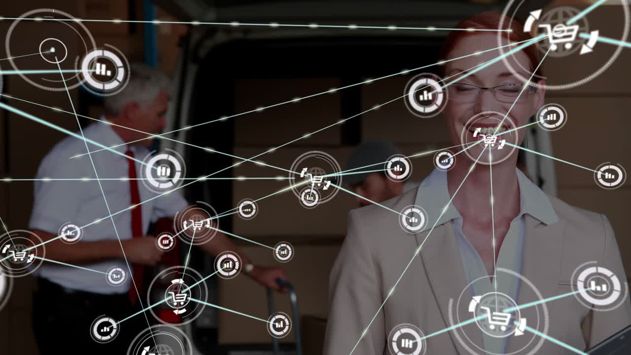 Addetto alla logistica con tablet vicino al furgone, icona di rete che appare, sovrapponendosi a una mappa commerciale per il flusso delle scorte.
