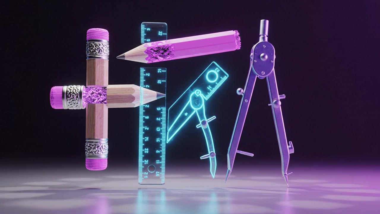 A Creative Arrangement of Stationery Tools Featuring Ruler, Compass, Pencils, and Decorative Materials Showcased Against a Dark Background in Vibrant Colors