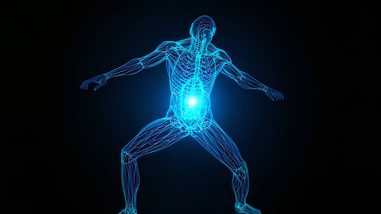 Forming bright abdominal point, neon-blue wireframe figure pulsing in void, emphasizing abdomen
