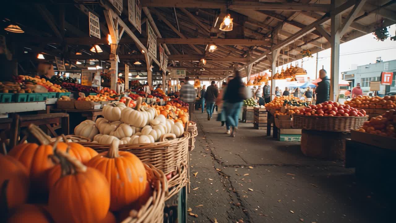 Vibrant Market Scene Capturing Lively Interactions Among Shoppers and Fresh Produce in Rustic Vendor Stalls Filled with Pumpkins and Apples