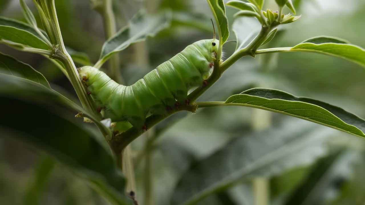 Bruco verde brillante che striscia lentamente su uno stelo di pianta